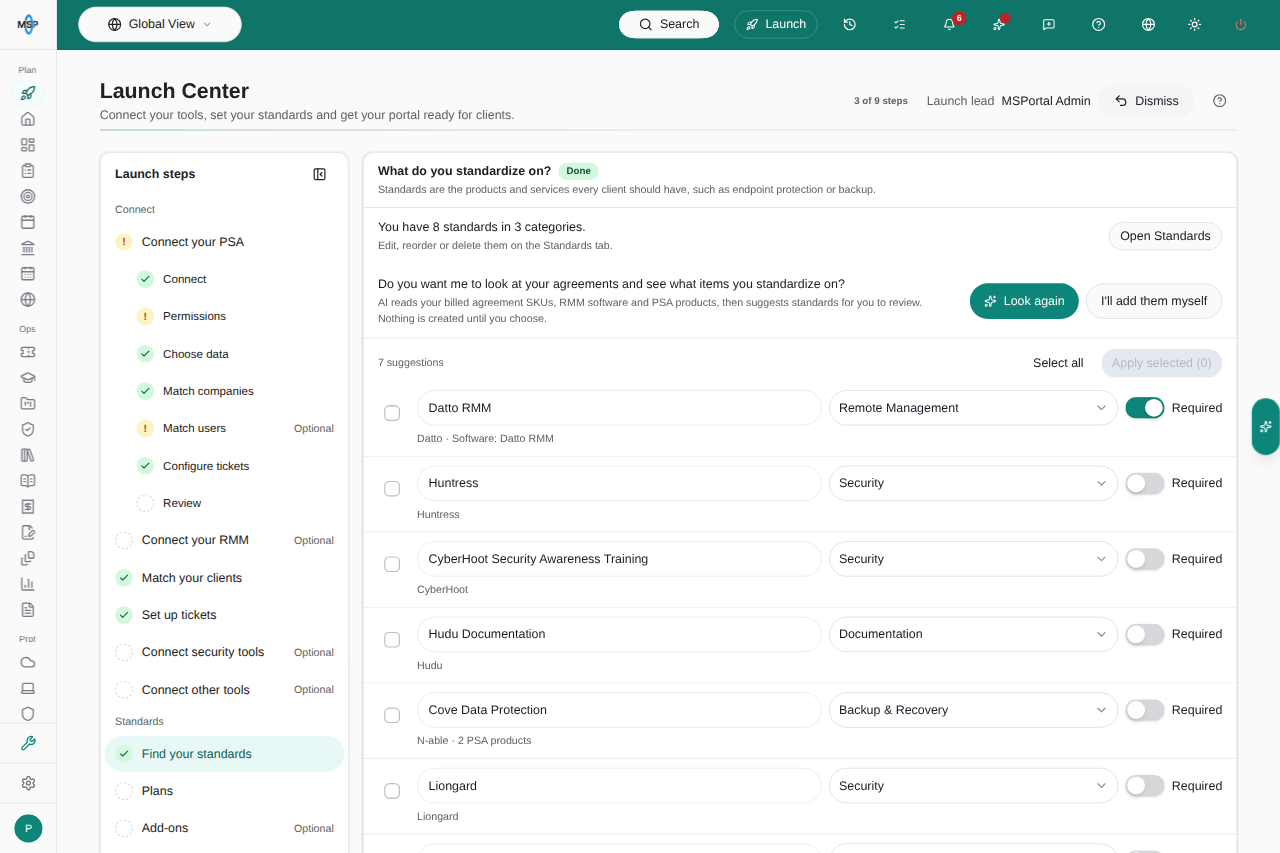 Launch Center with its step list and editable standards suggestions on MSPortal Demo