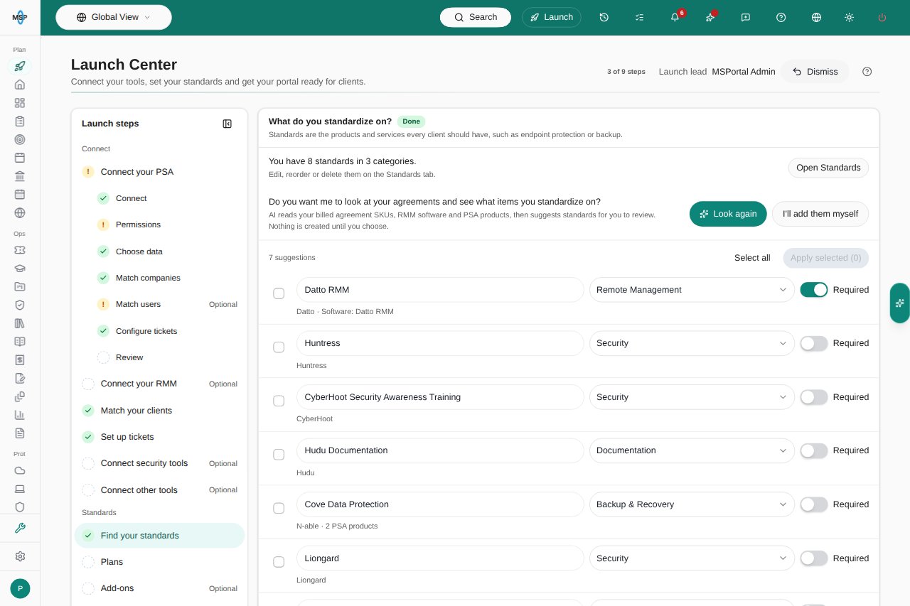Launch Center with its step list and editable standards suggestions on MSPortal Demo