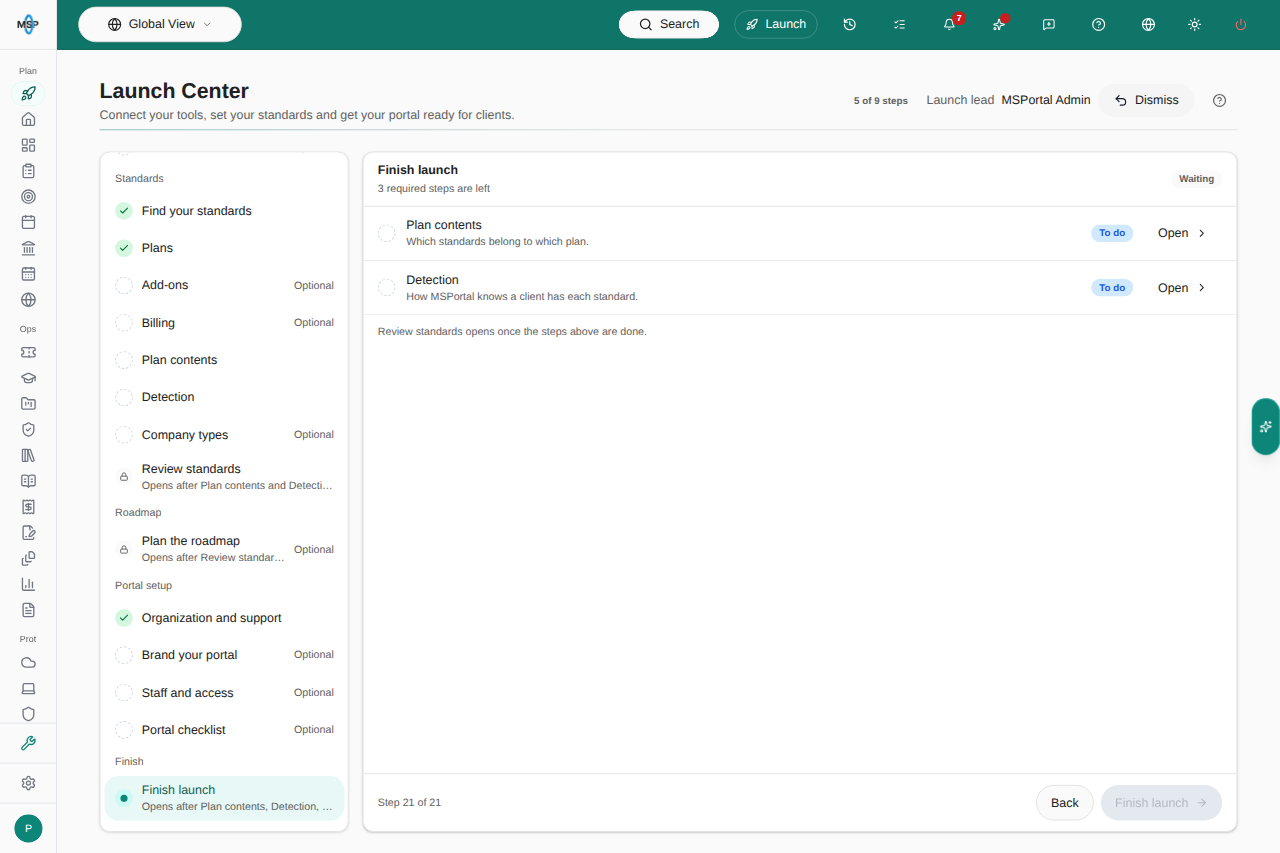 Launch Center Finish step showing remaining required setup actions