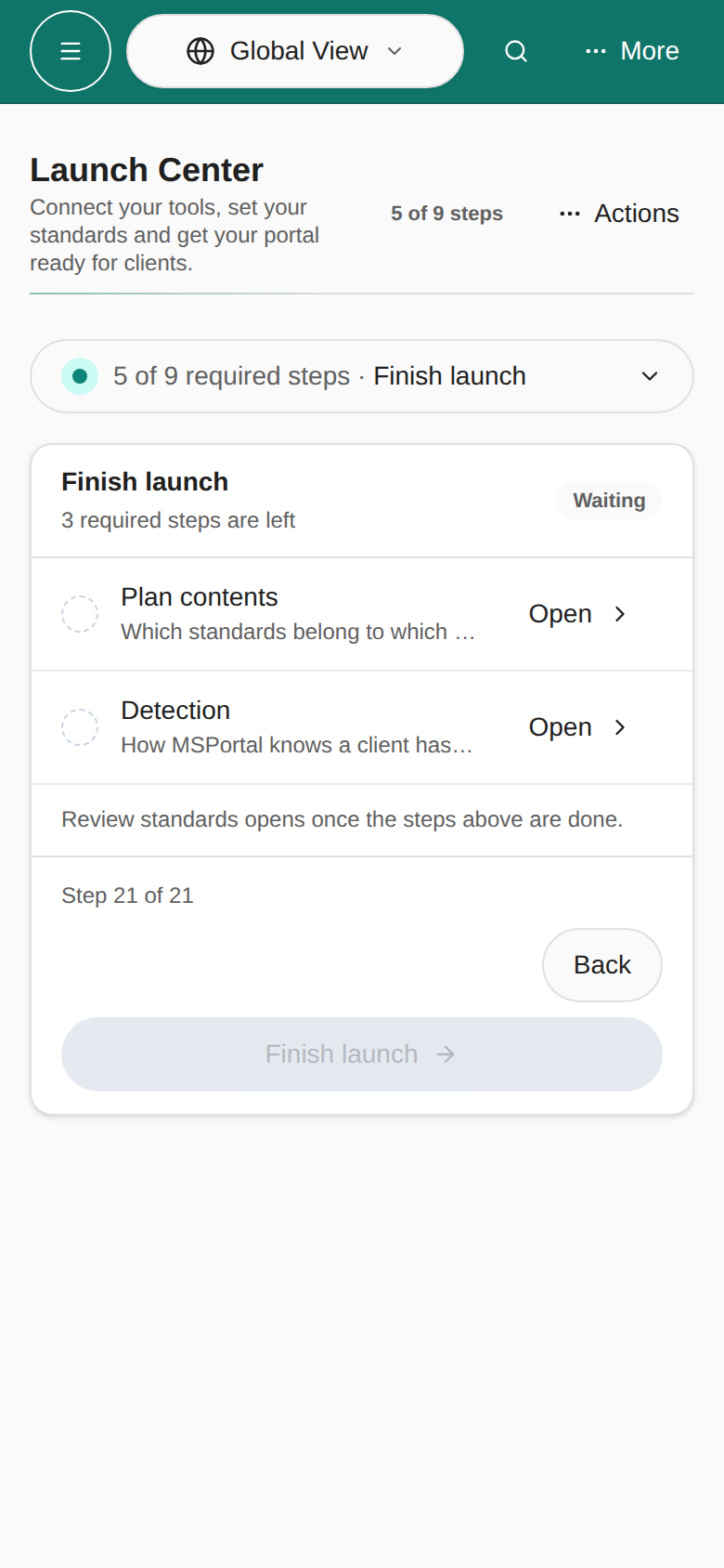 Launch Center Finish step and remaining actions on a phone