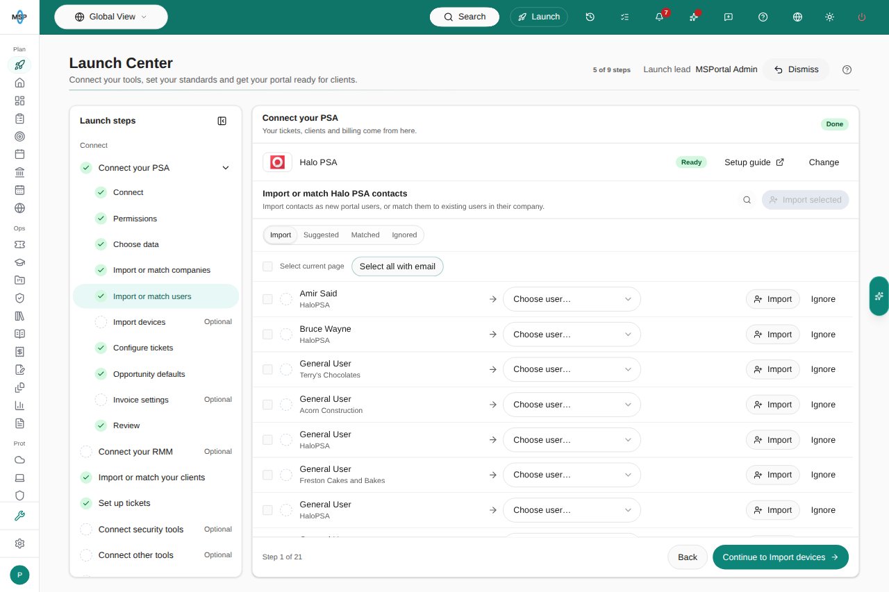 Halo PSA contacts in Launch Center with Import or match users selected and current-page and all-pages selection controls