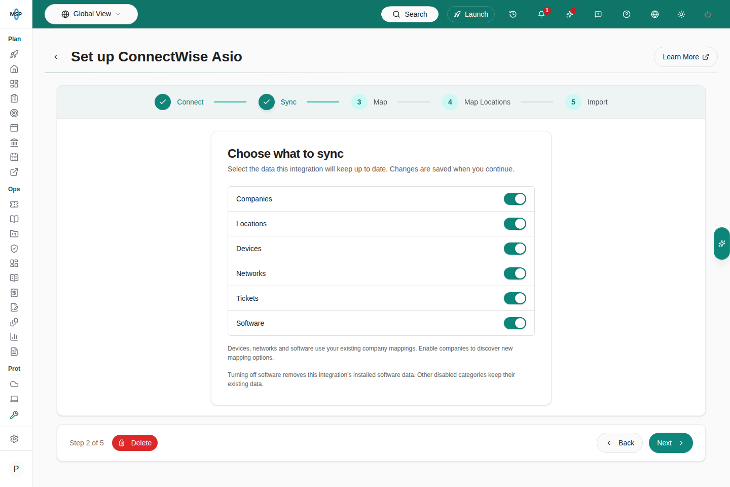 Asio setup Sync step with six supported data categories