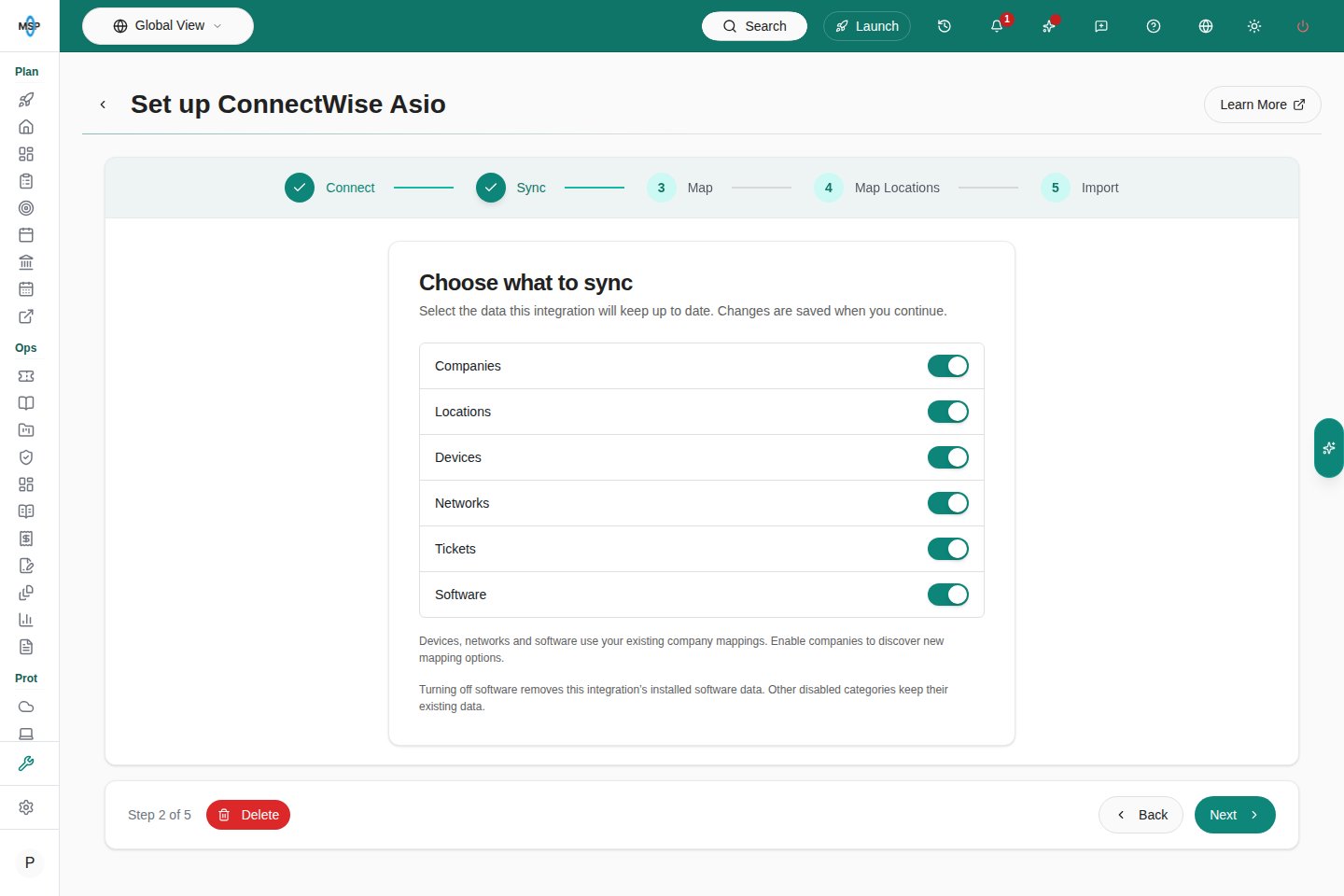 Asio setup Sync step with six supported data categories