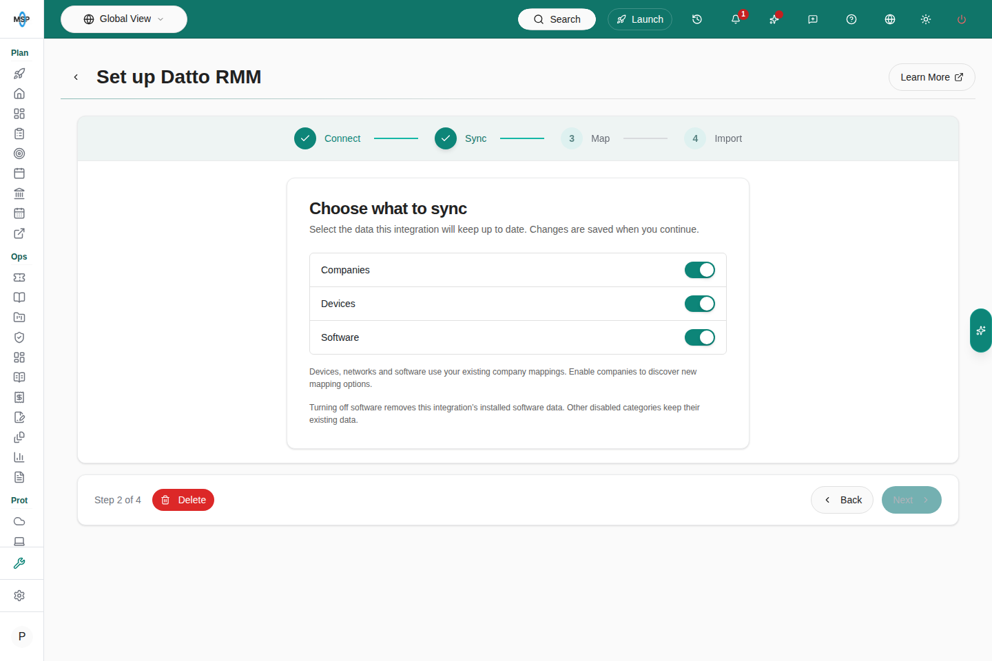 Datto RMM Sync step with companies, devices and software choices