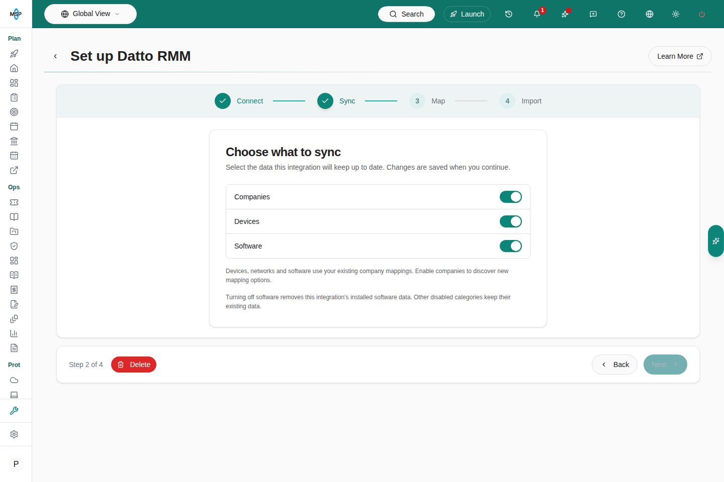 Datto RMM Sync step with companies, devices and software choices