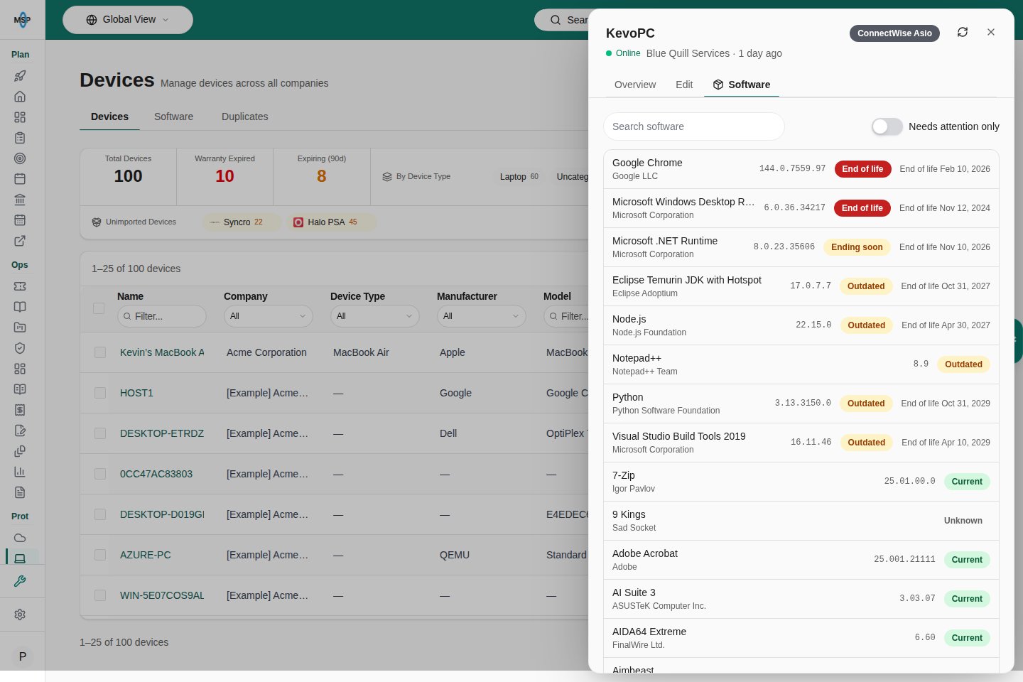 Device details on the Software tab with resync beside the close button