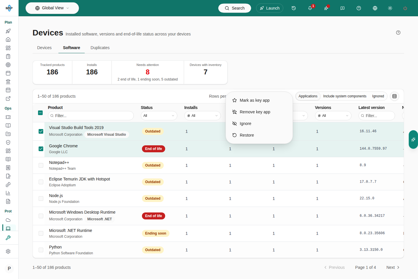 Selected software products with bulk actions and sortable, filterable columns