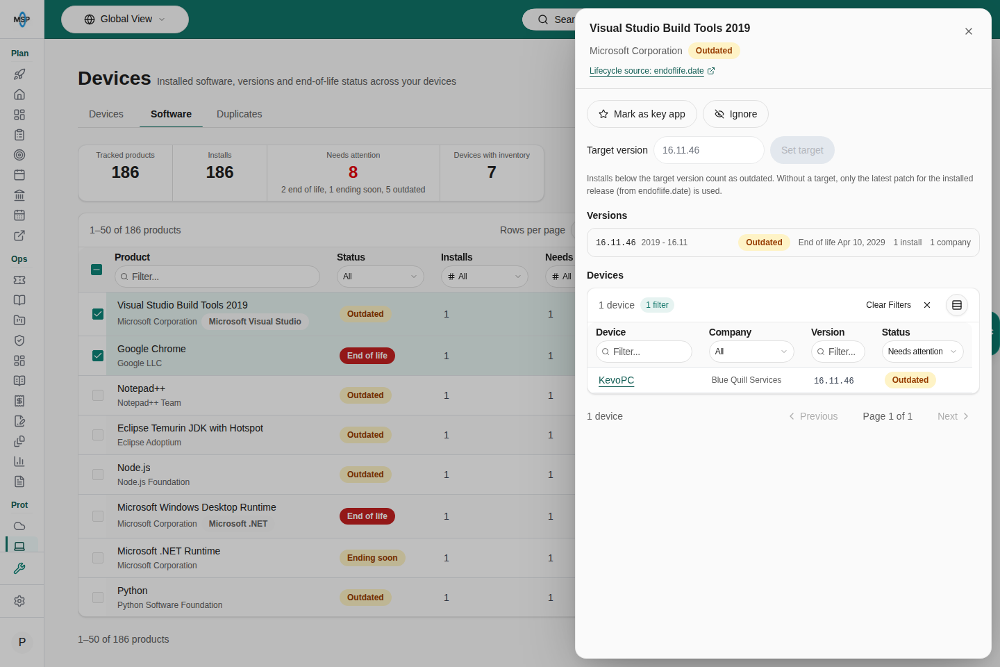 Software product sheet with version details and a compact, filterable devices table