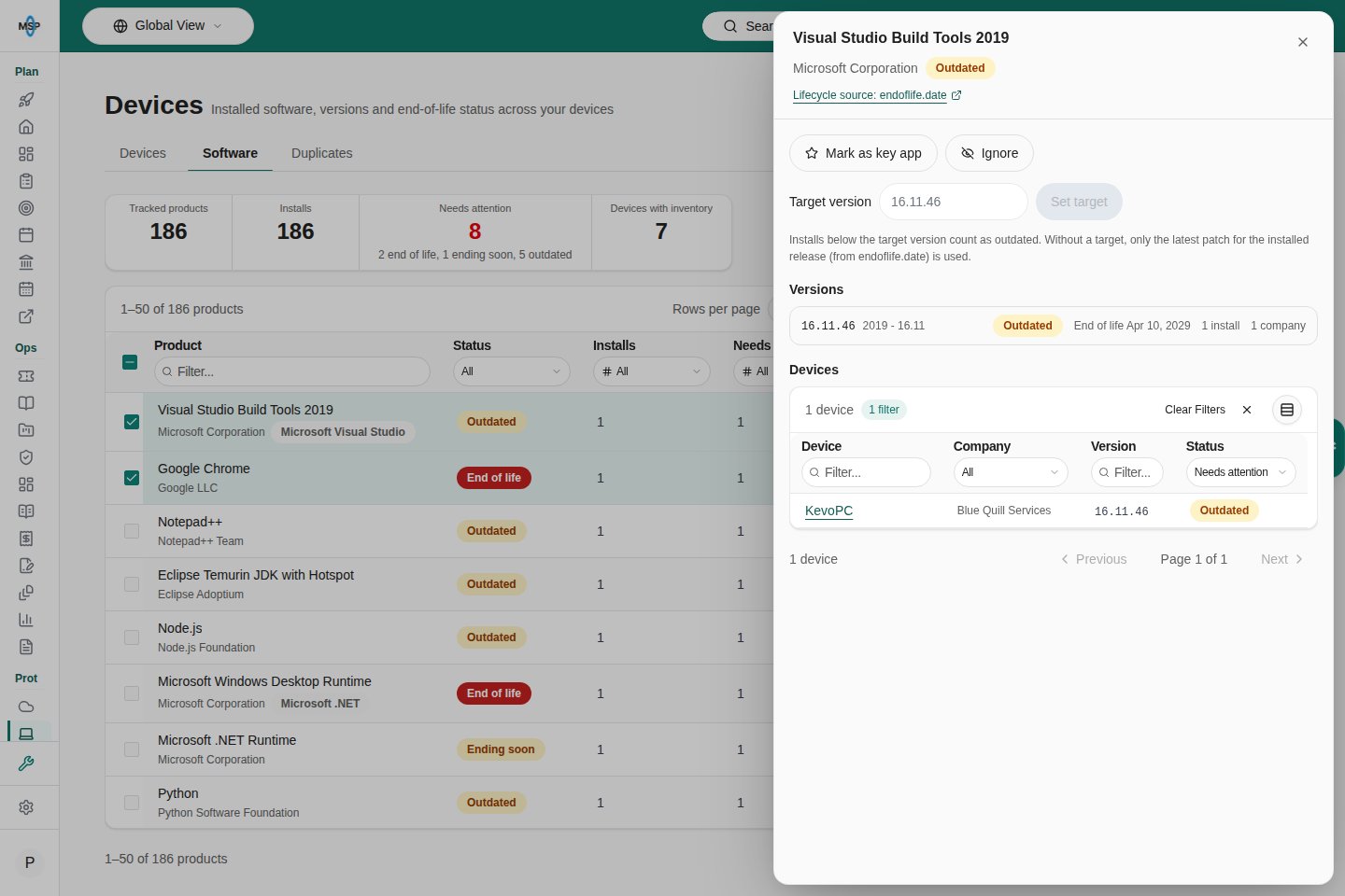 Software product sheet with version details and a compact, filterable devices table