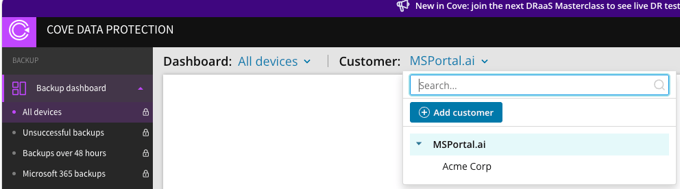 Cove management console Customer dropdown showing the top-level reseller name above its nested sub-customers