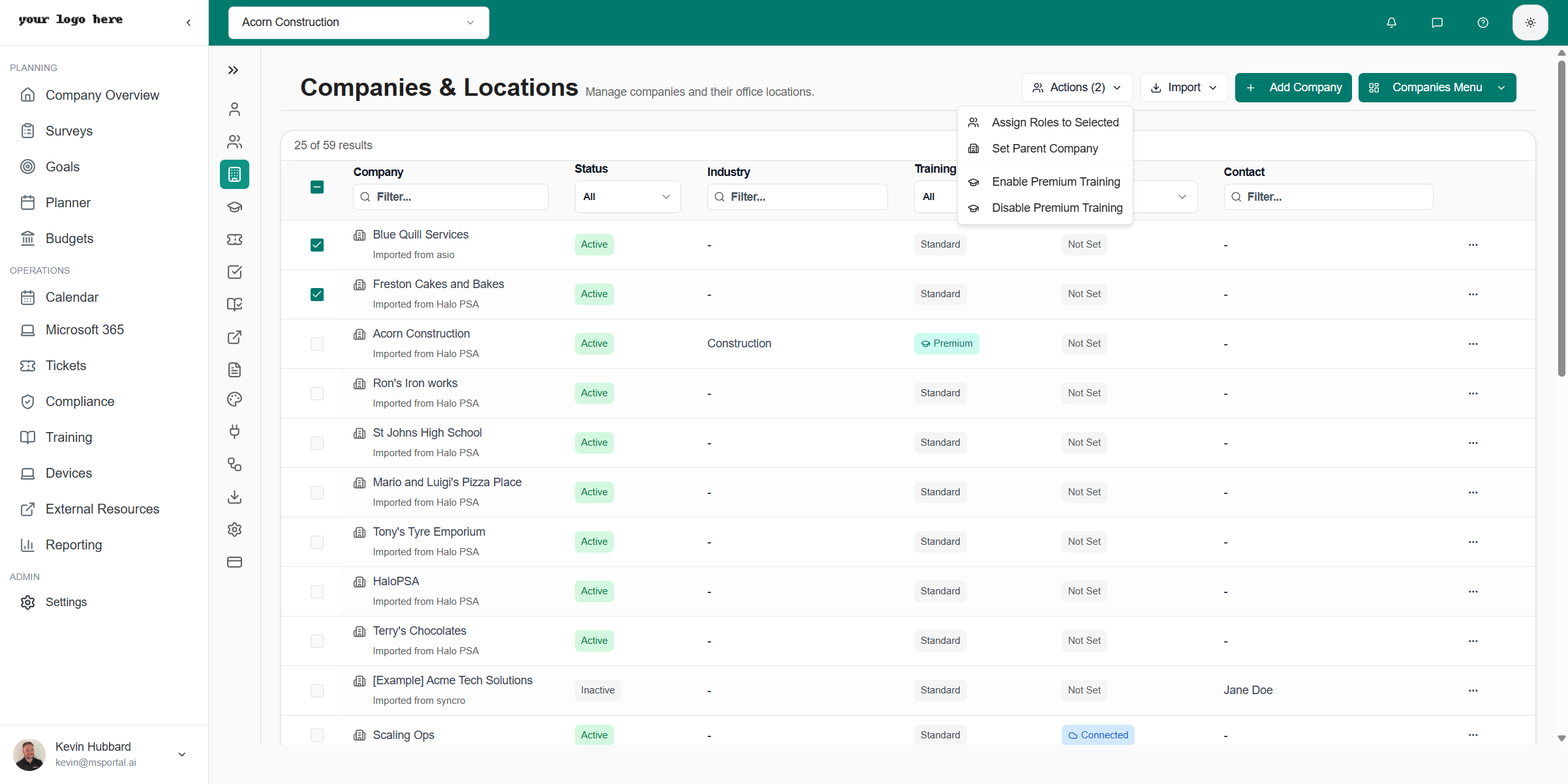 Bulk actions menu showing training options
