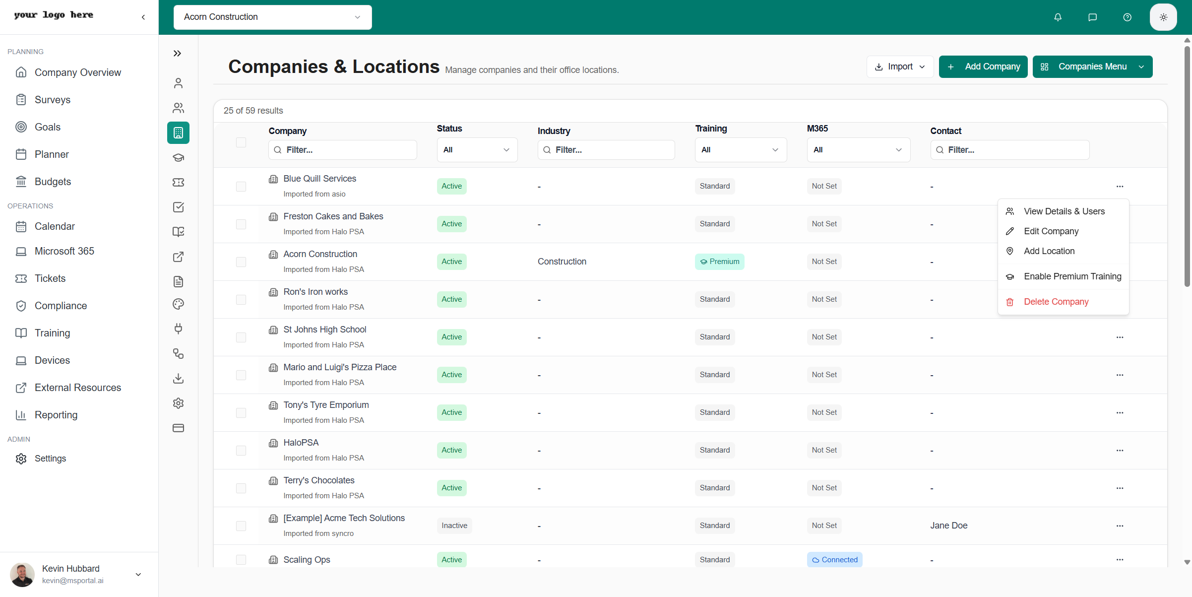 Company row menu showing Enable Premium Training option
