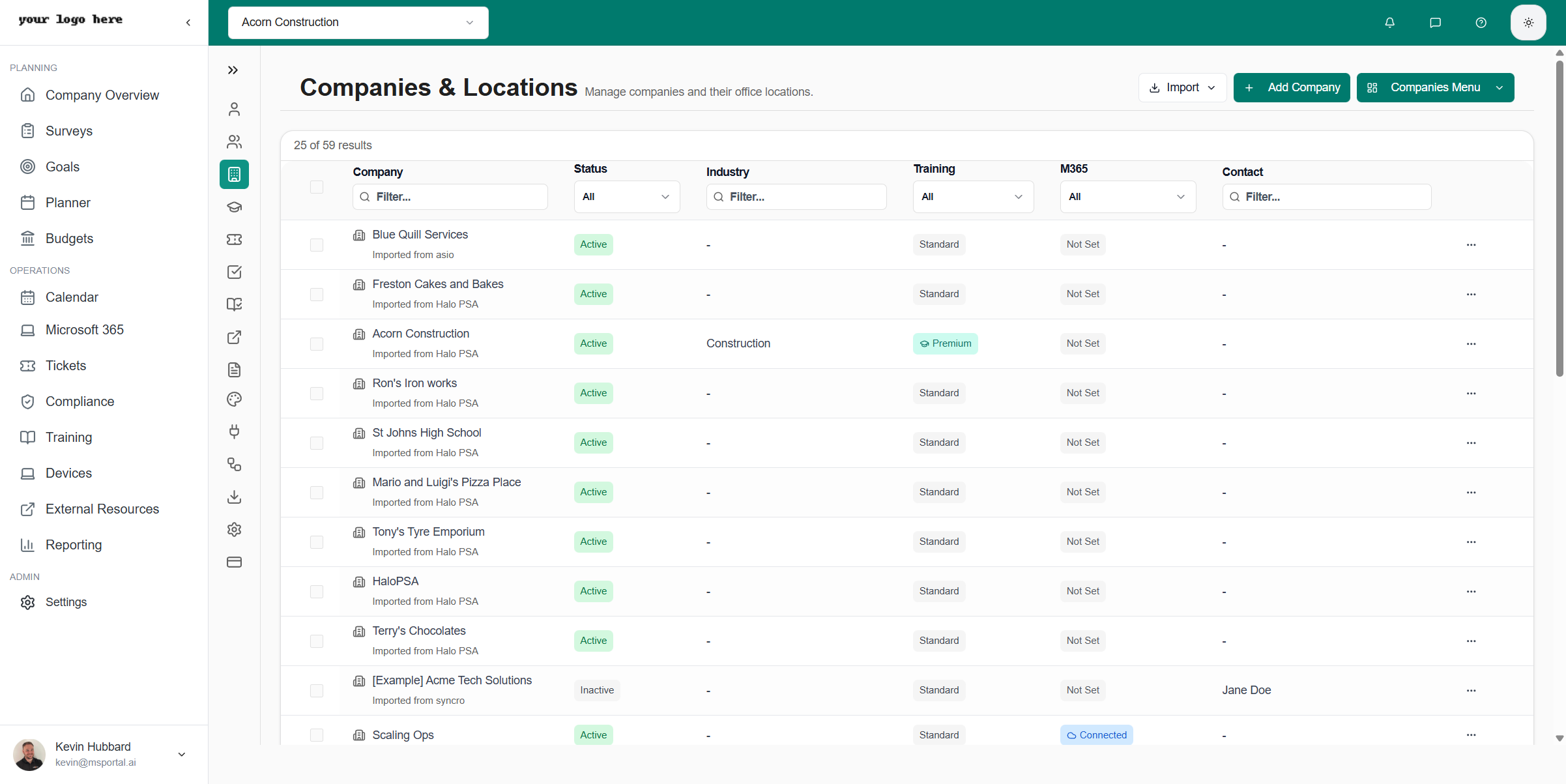 Companies and Locations page showing Training column