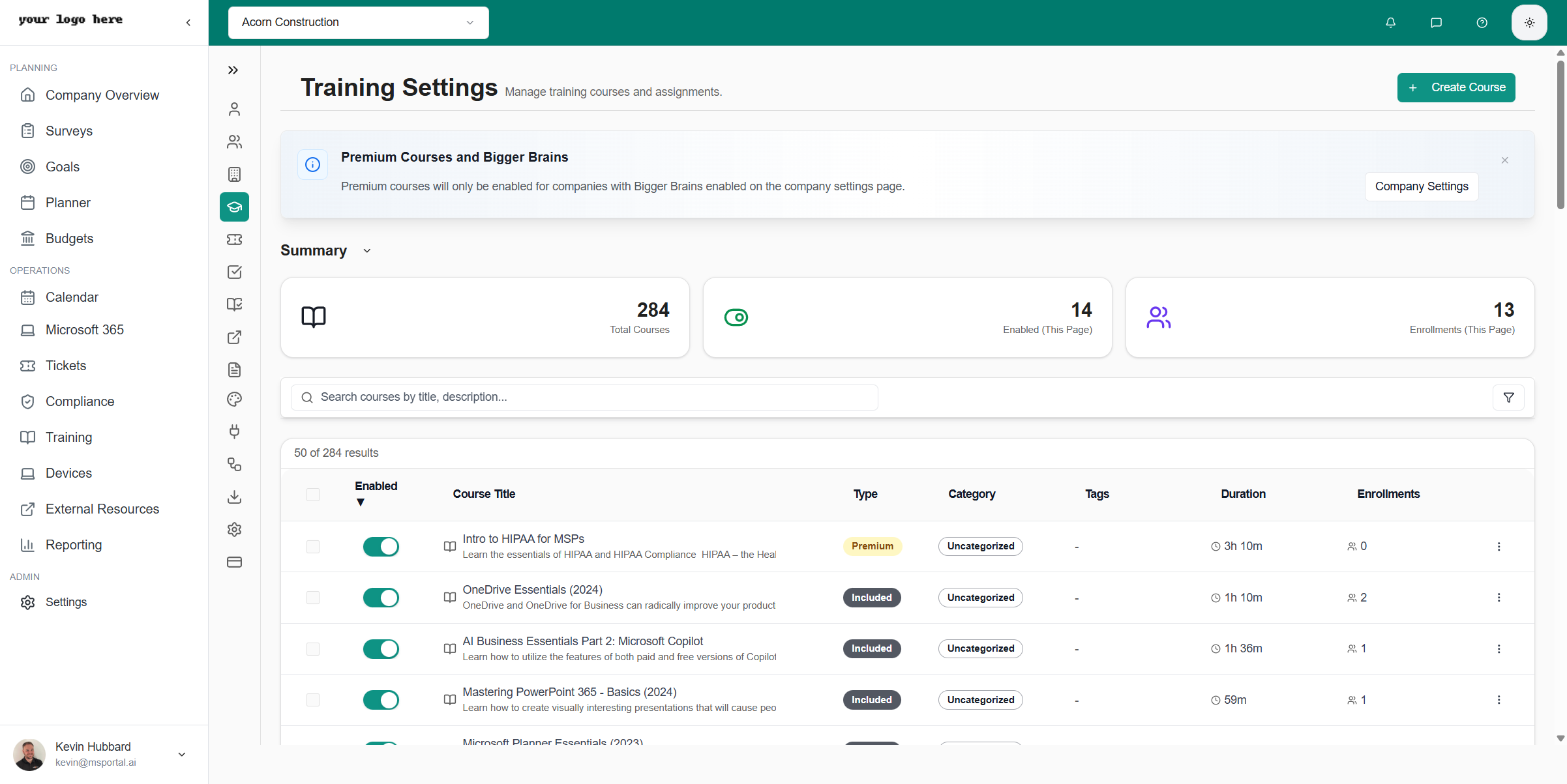 Training Settings page showing course list