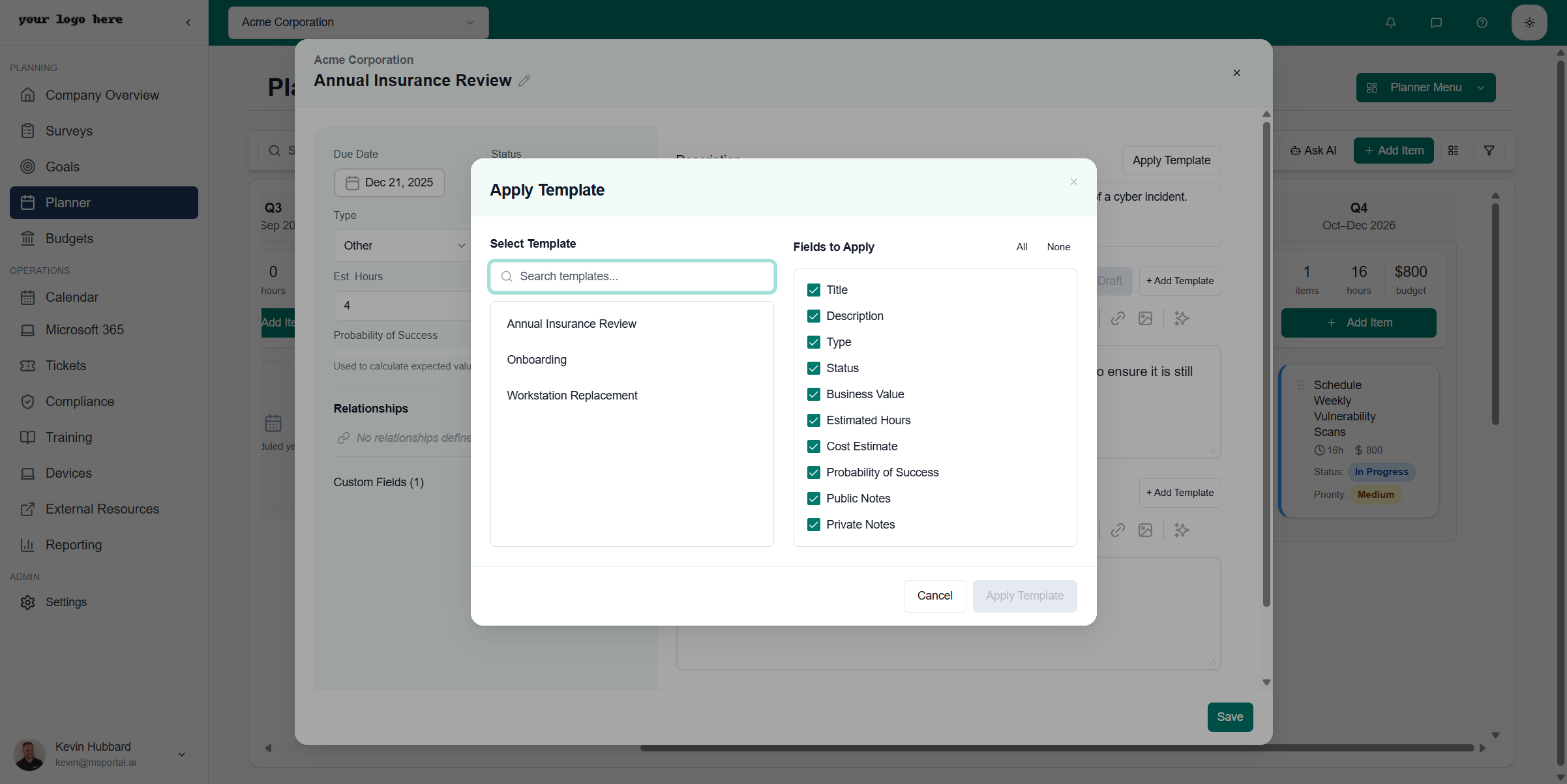 Apply Template Dialog