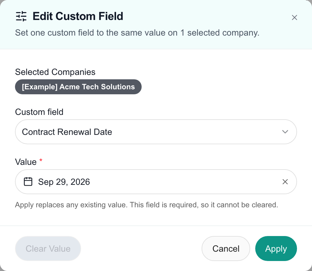 Branch preview: Edit Custom Field dialog with Contract Renewal Date selected, Sep 29, 2026 as the value, a disabled Clear Value button, and Cancel and Apply buttons