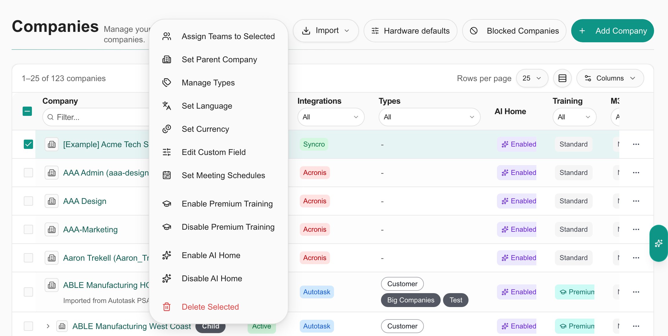 Branch preview: Actions menu on Settings > Companies with Edit Custom Field listed below Set Currency, and one Example company selected
