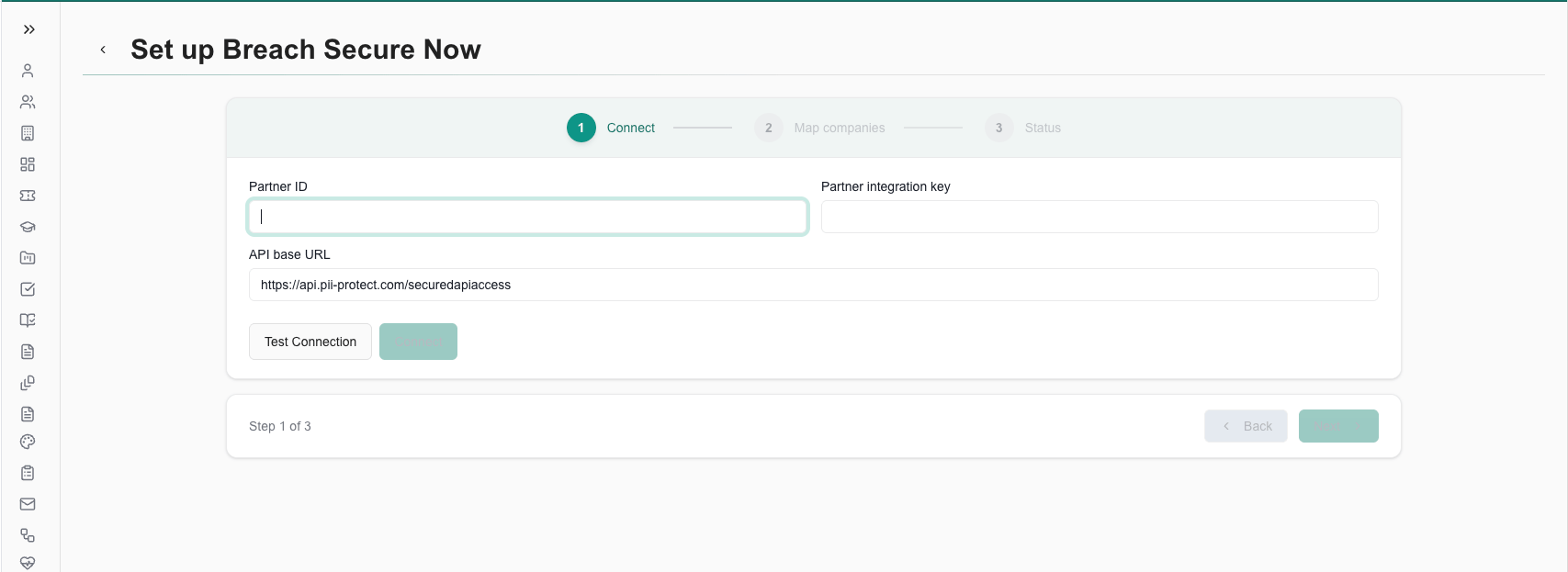 Connect step with Partner ID, Partner integration key, and API base URL fields