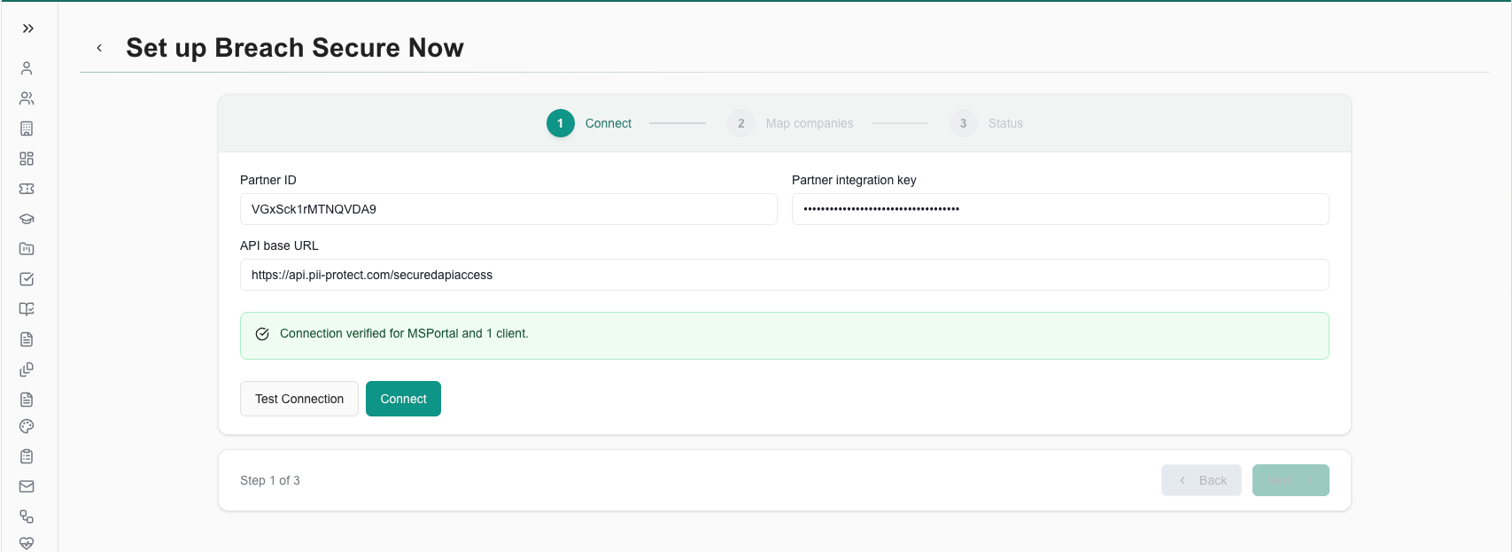 Successful connection test showing the verified partner and client count
