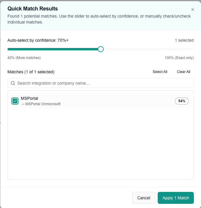 Quick Match results dialog with the confidence slider