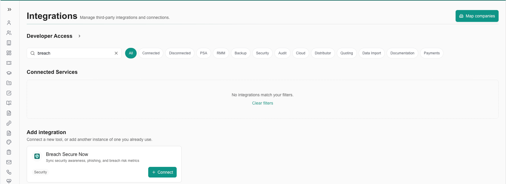 Breach Secure Now card on the Integrations page