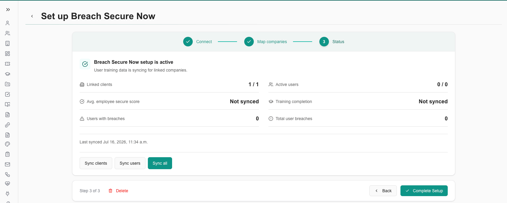 Status step showing sync stats and sync buttons