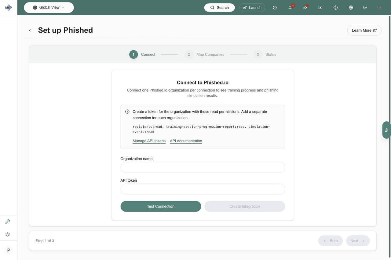 Phished.io setup with empty Organization name and API token fields, required read permissions, and Test Connection and Create Integration controls