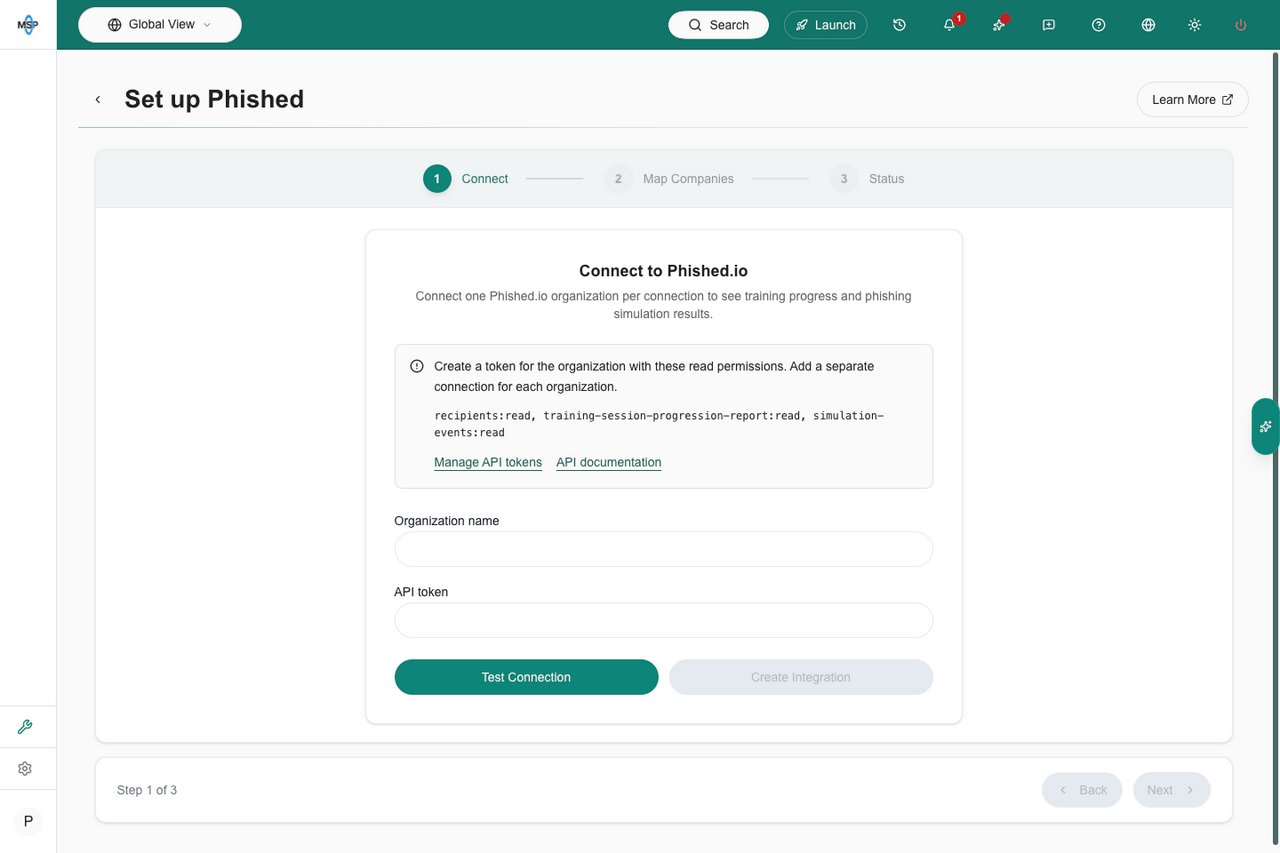 Phished.io setup with empty Organization name and API token fields, required read permissions, and Test Connection and Create Integration controls