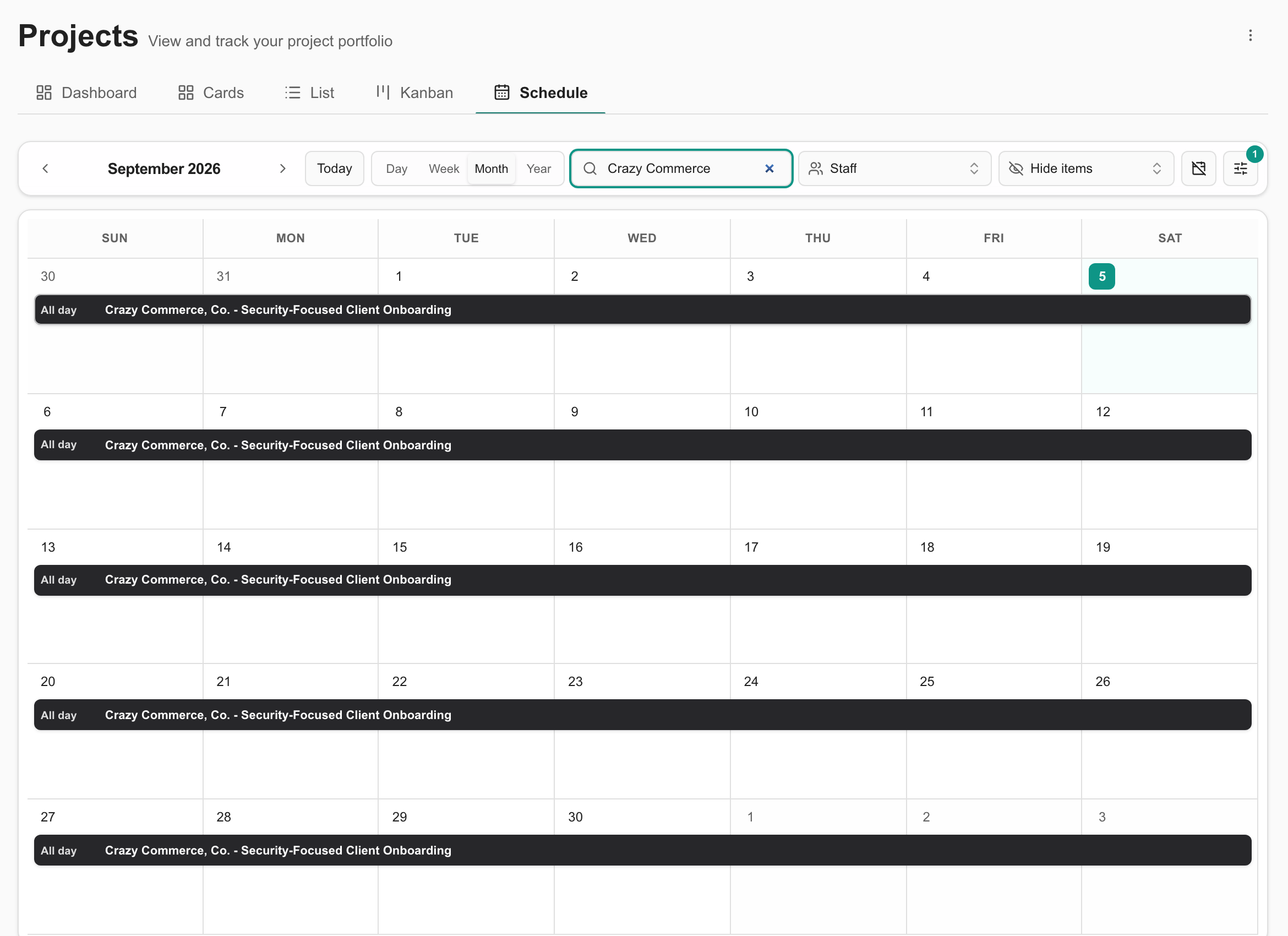 Month view showing the date span of the filtered Demo onboarding project