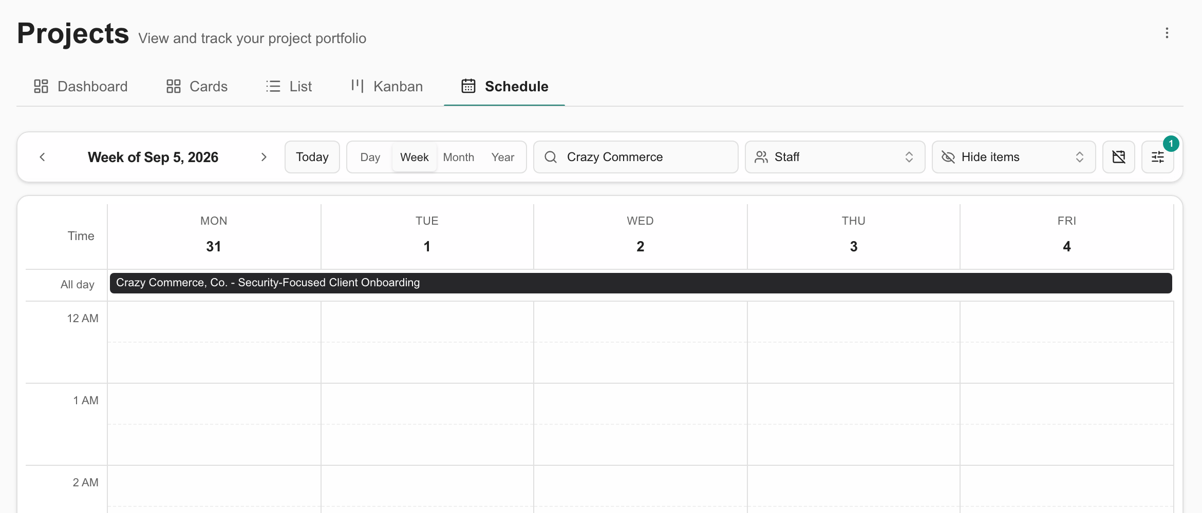 Project Schedule in Week view filtered to a Demo onboarding project