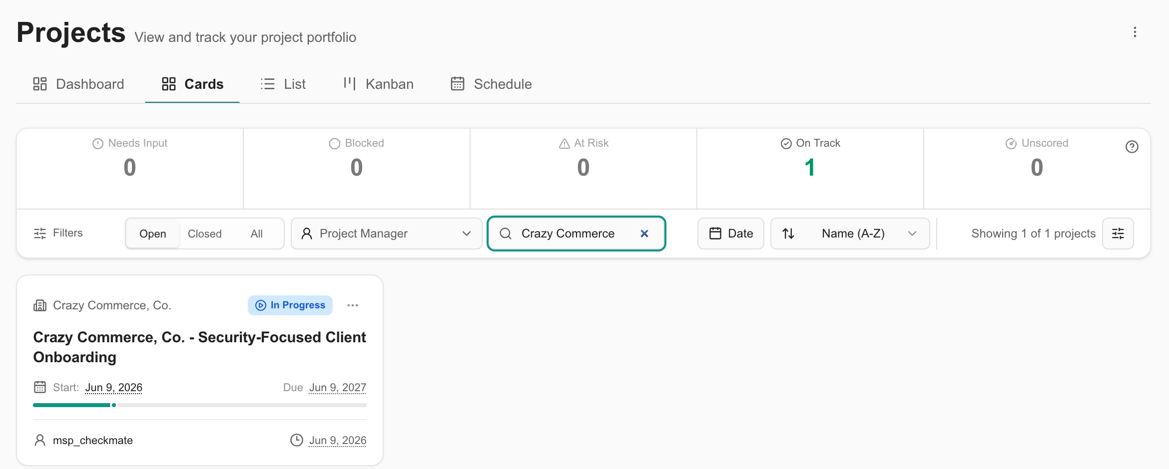 MSP Demo Cards view filtered to one onboarding project, with search, Open selection, and portfolio tabs