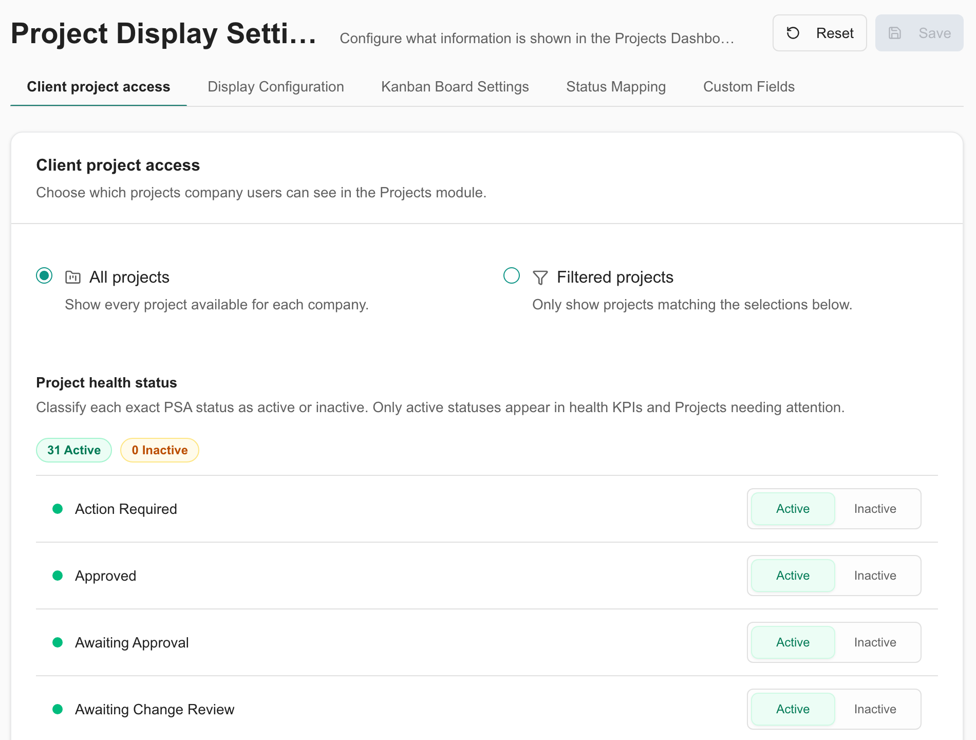 Client project access choices and active/inactive project health status controls