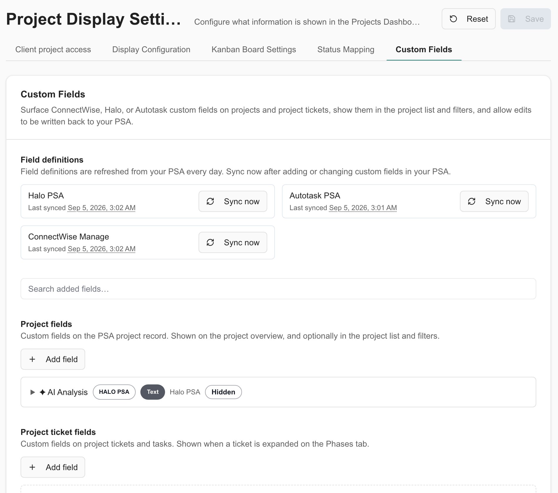 Custom Fields settings showing provider sync status and configured project fields