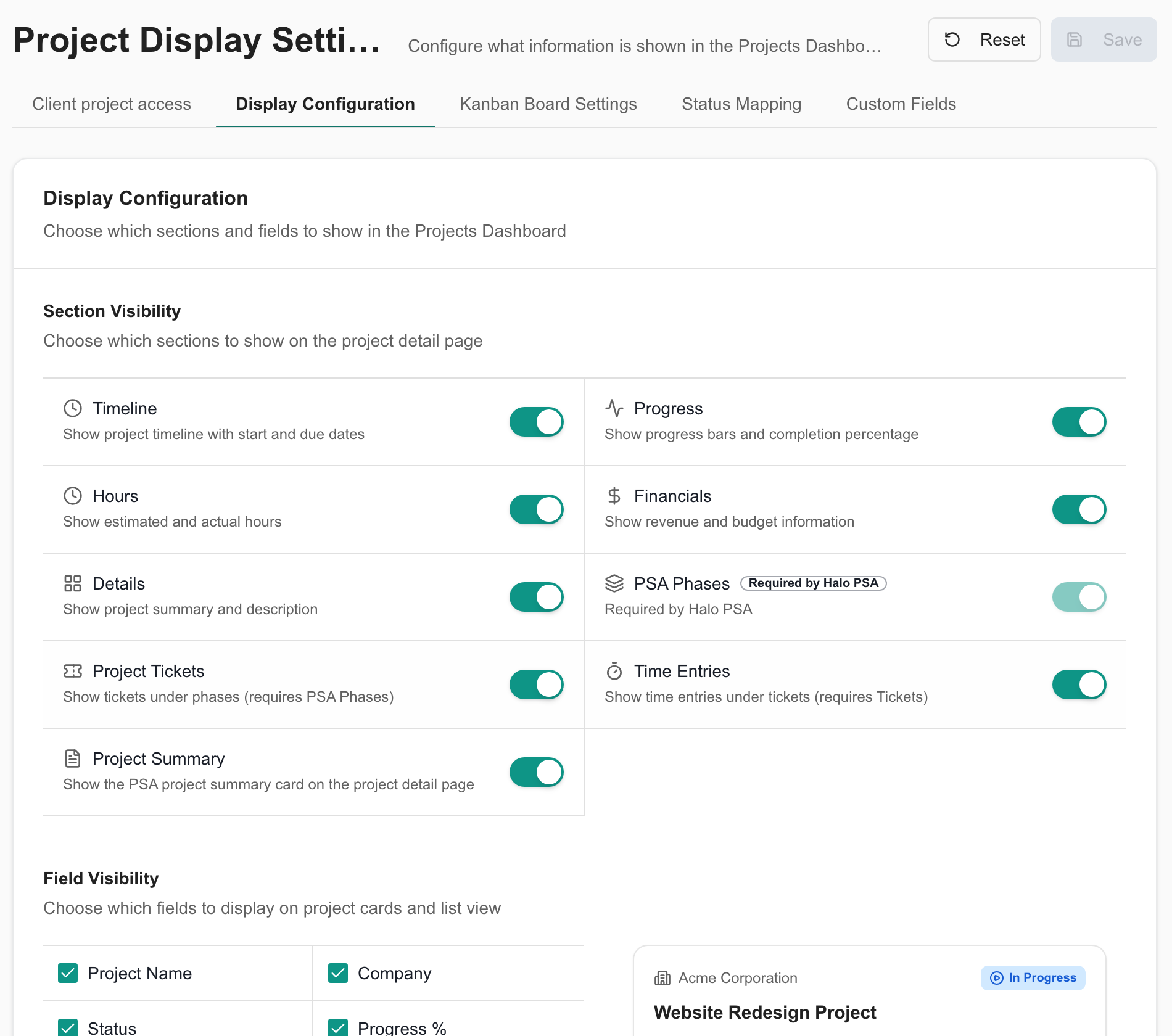 Display Configuration showing project section visibility controls