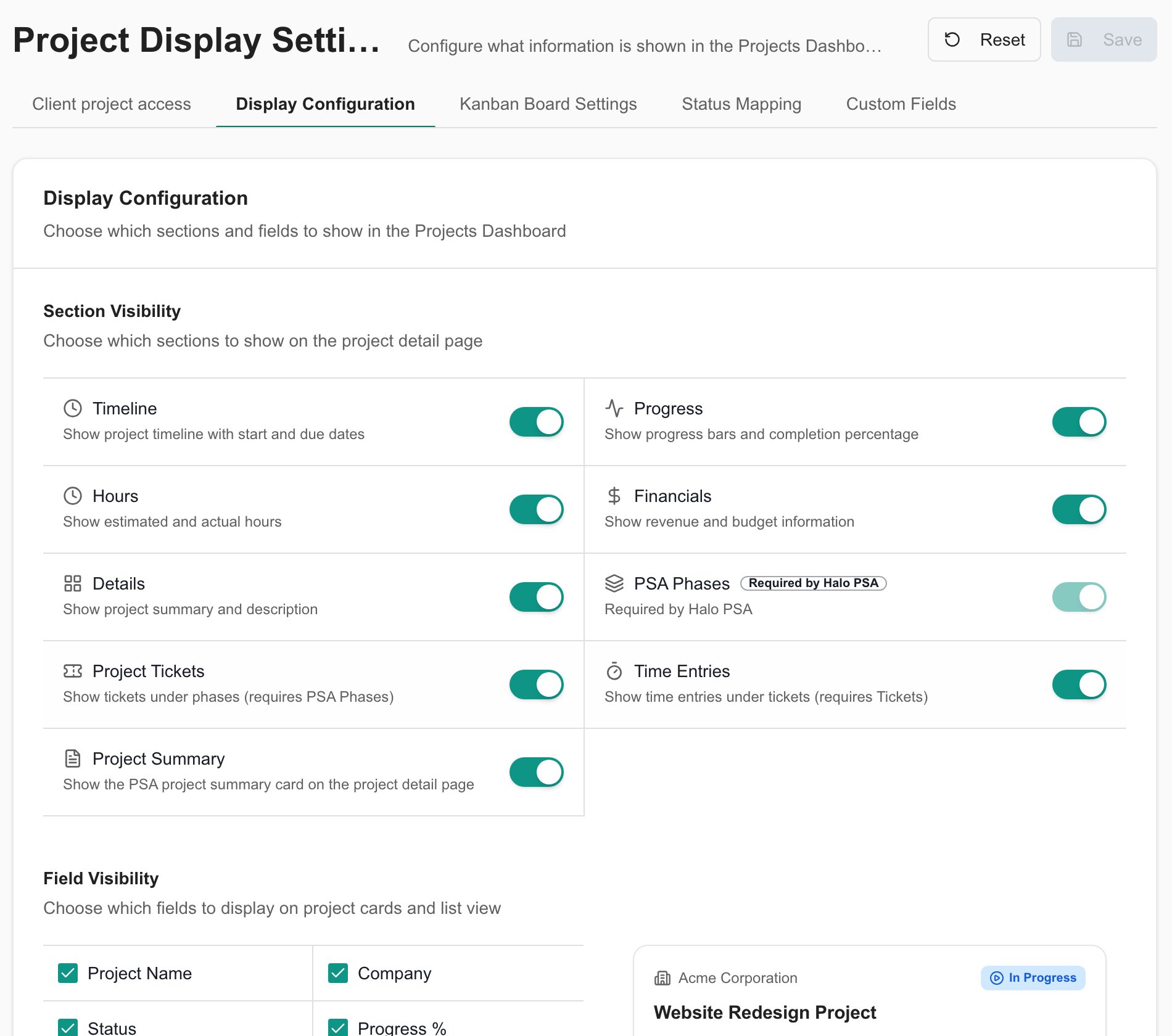 Display Configuration showing project section visibility controls