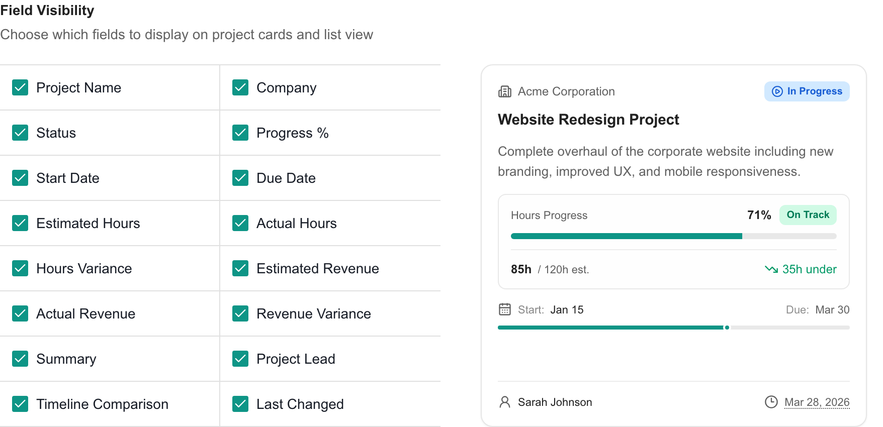 Project field visibility checkboxes alongside the complete built-in card preview