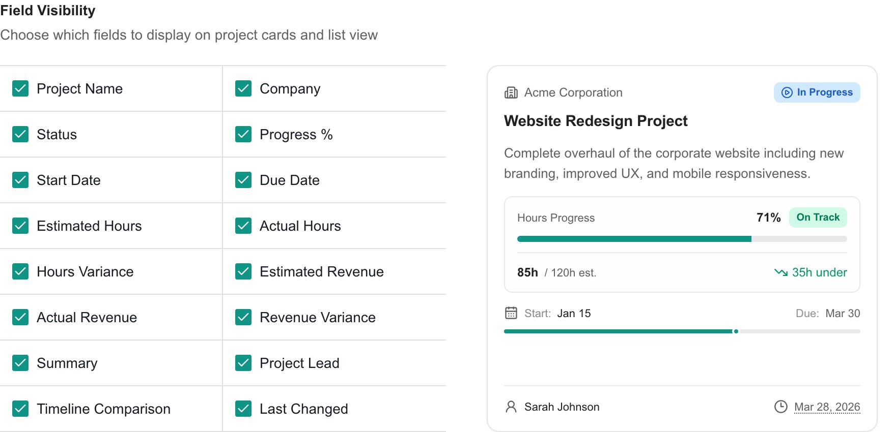 Project field visibility checkboxes alongside the complete built-in card preview