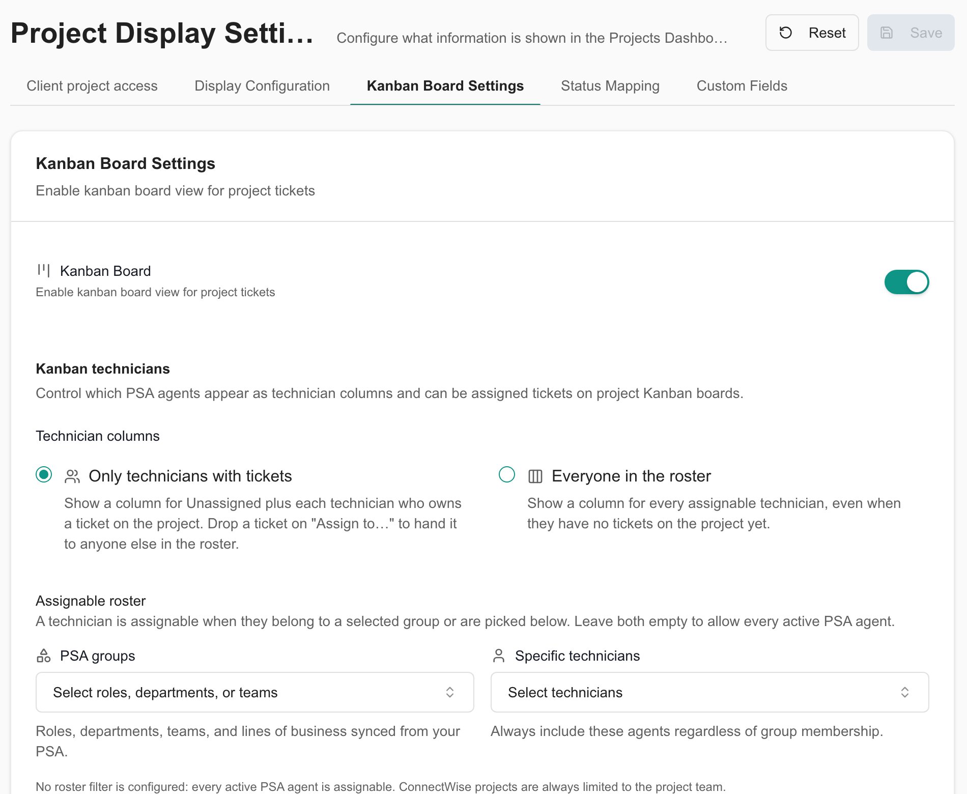 Kanban Board Settings with technician column modes, PSA groups, and specific technician selectors