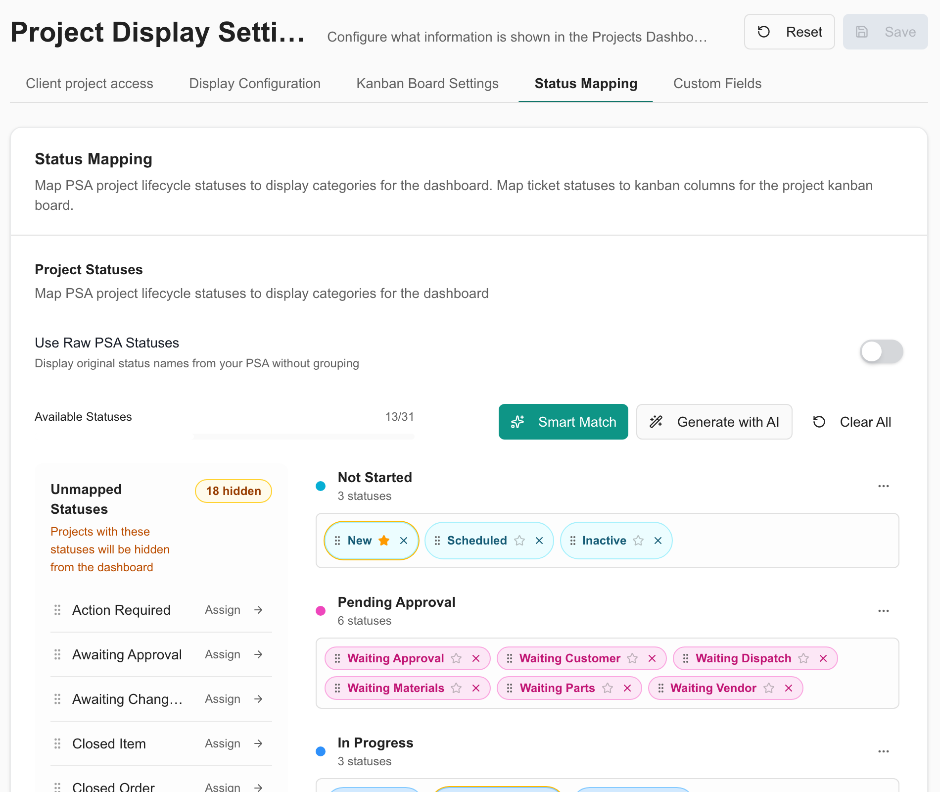 Status Mapping with raw PSA status mode, unmapped statuses, and configurable project groups