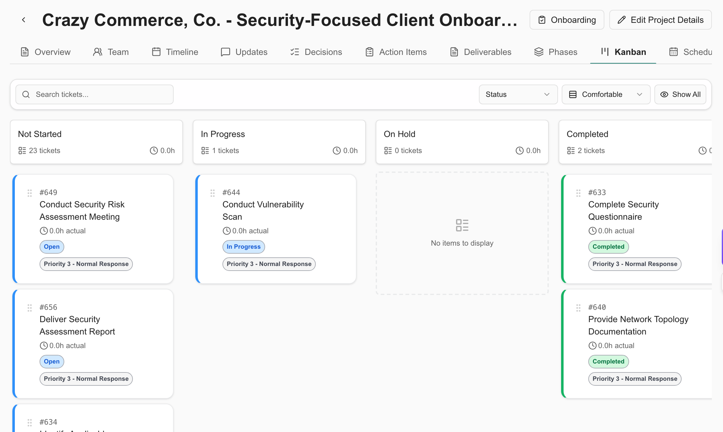 Demo project ticket Kanban with status columns and security assessment tasks