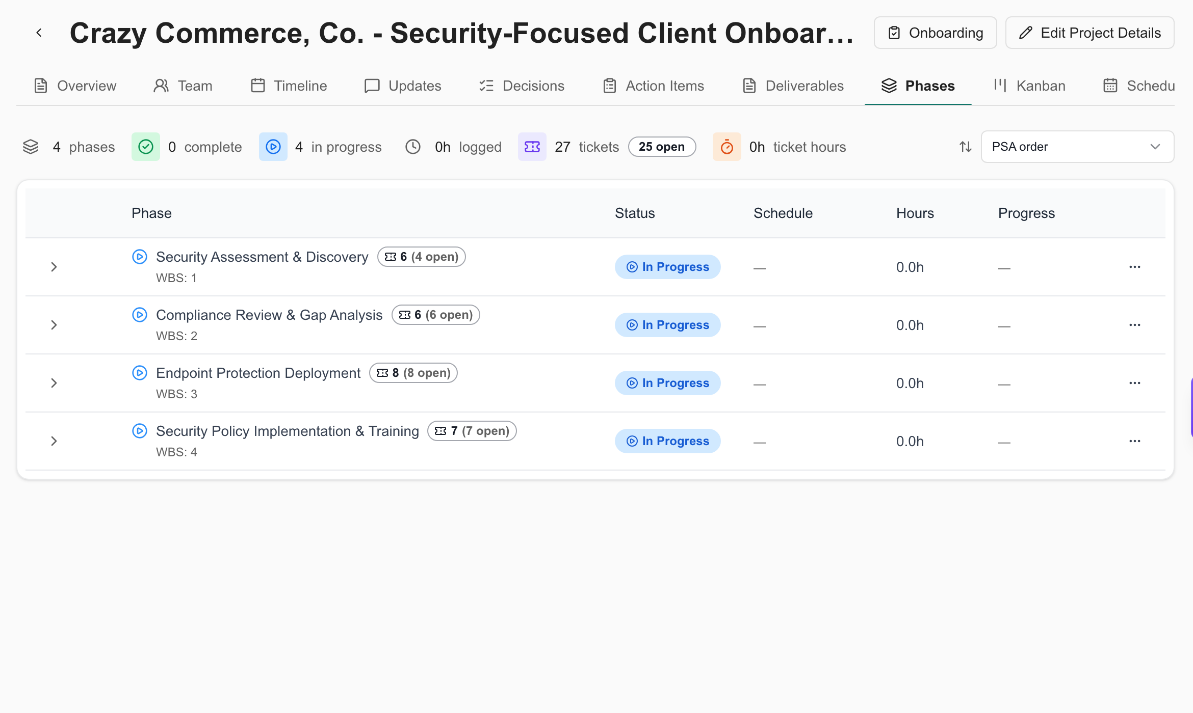 Demo onboarding project phases with status, schedule, hours, and progress