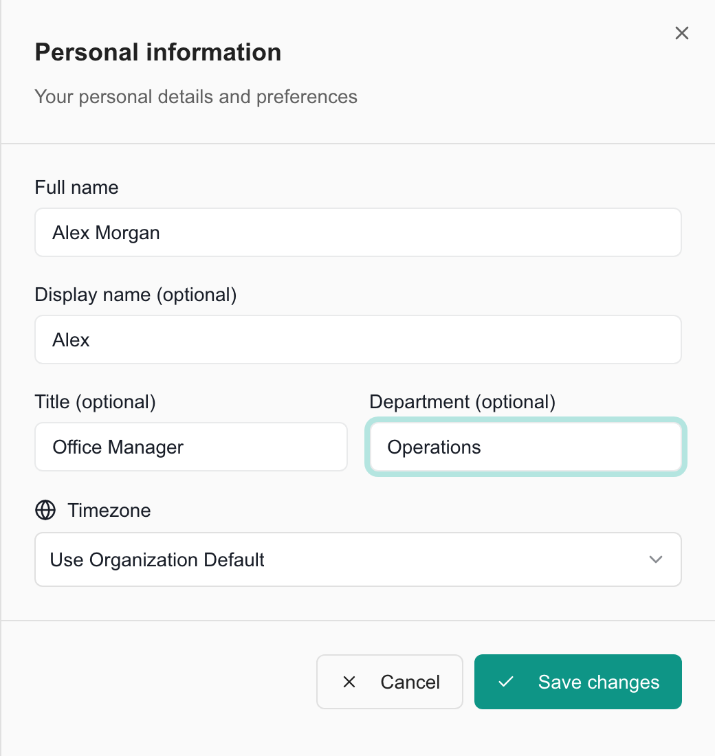Personal information form with example name, title, department, timezone, and Save changes button.