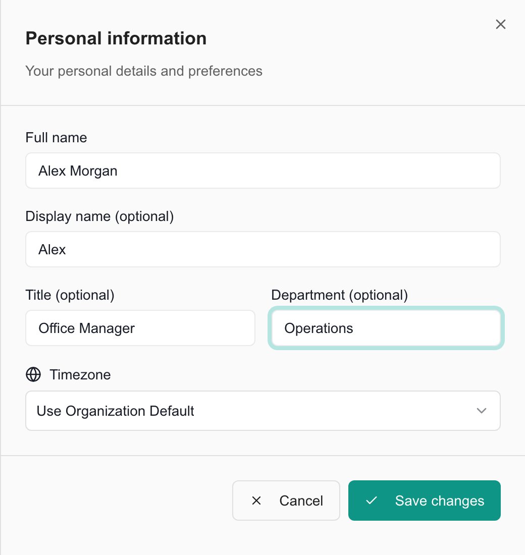 Personal information form with example name, title, department, timezone, and Save changes button.