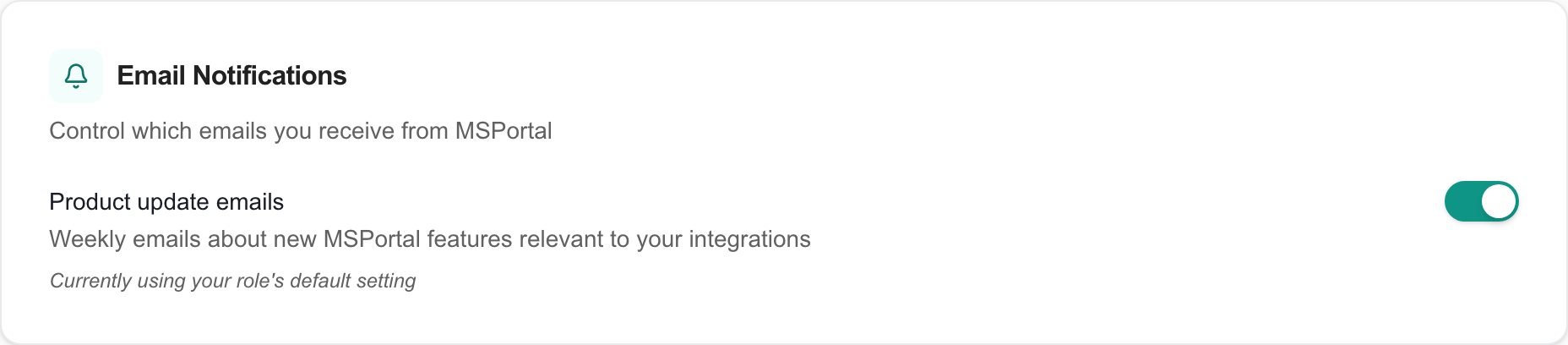 Product update emails switch and the message explaining the role default.