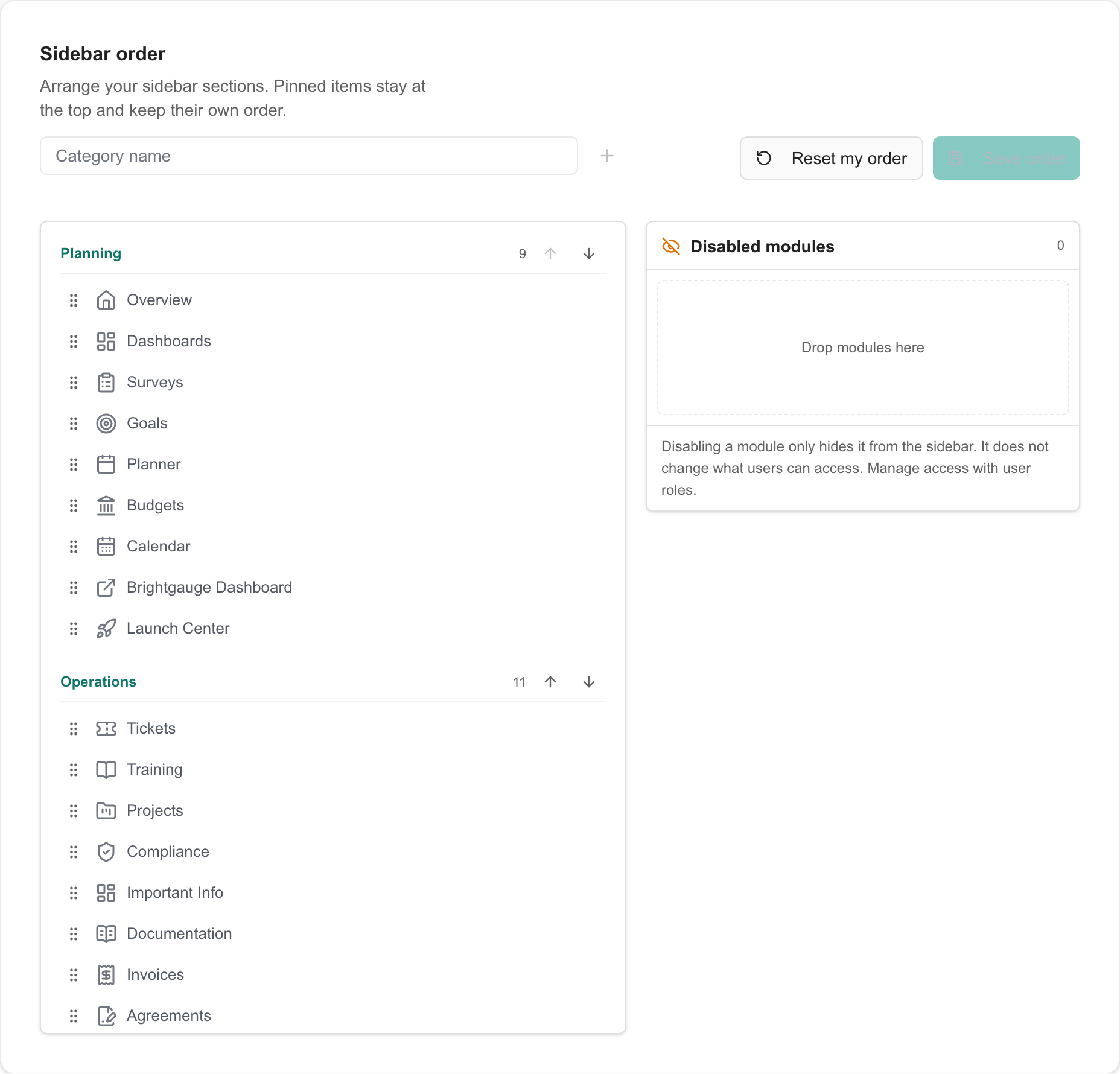 Sidebar order editor with page sections, Disabled modules, Save order, and Reset my order.