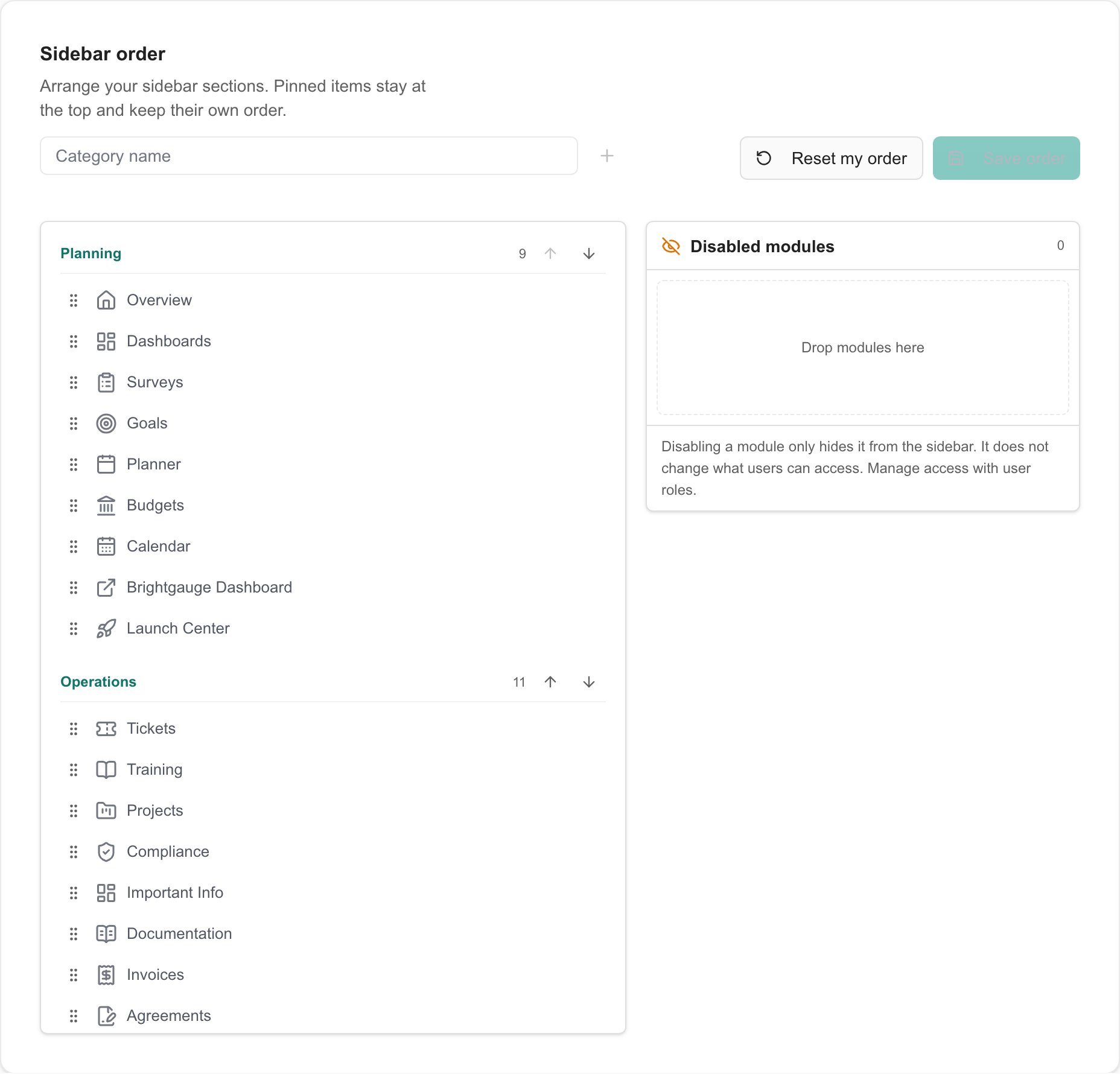 Sidebar order editor with page sections, Disabled modules, Save order, and Reset my order.