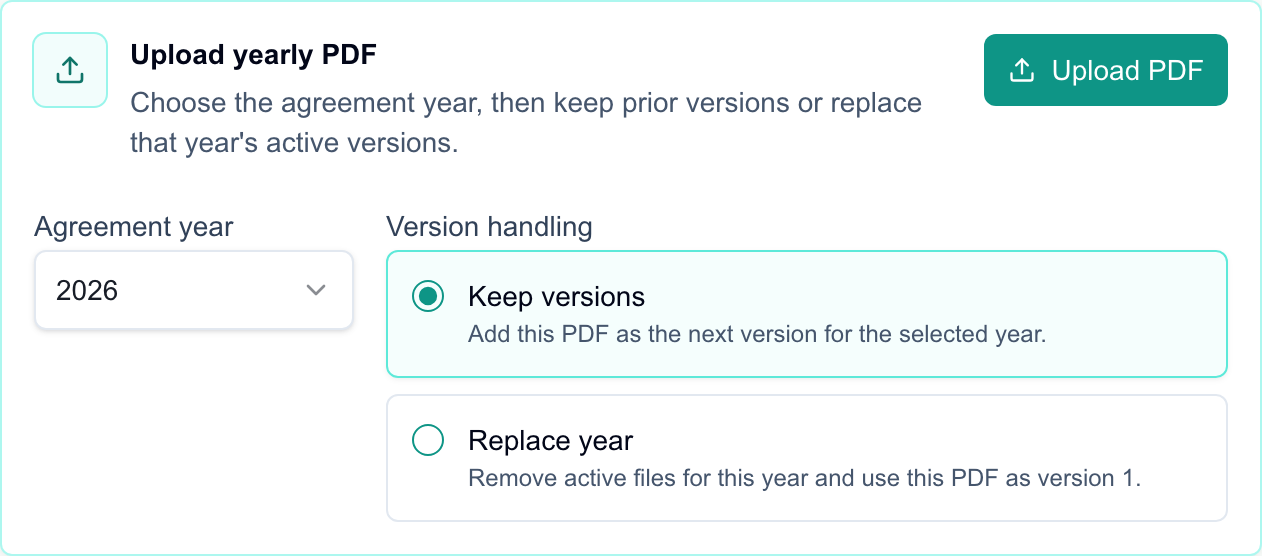 MSP agreement PDF upload controls showing Agreement year, Keep versions, Replace year, and Upload PDF