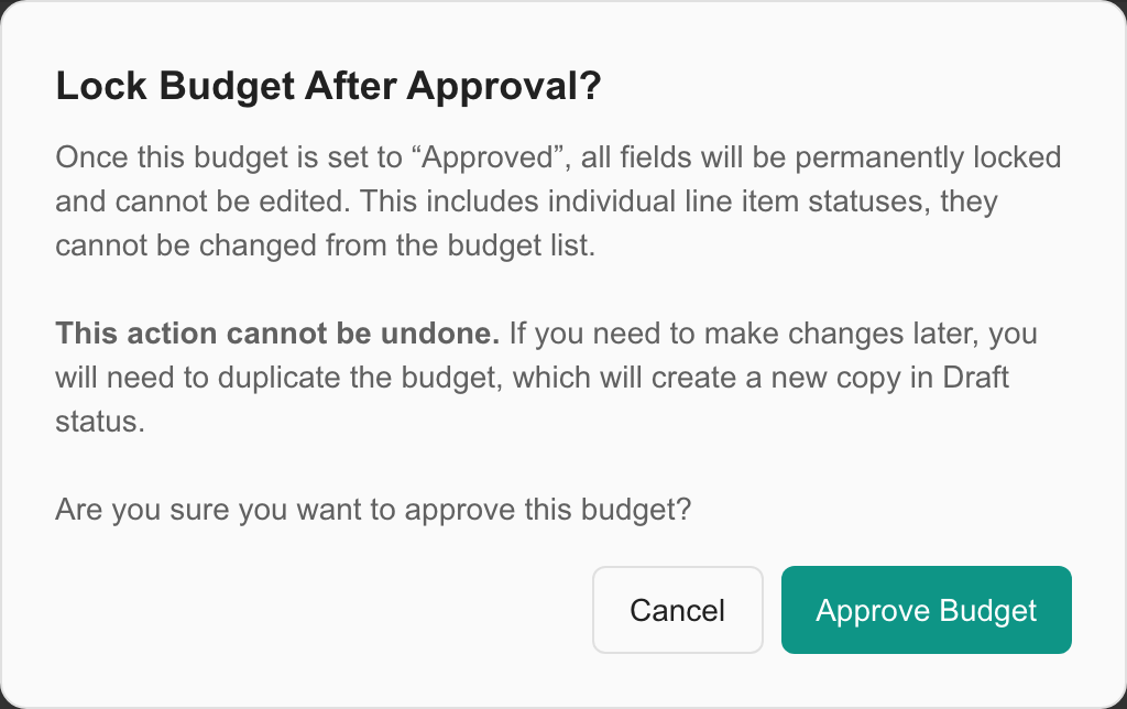Lock Budget After Approval warning explaining permanent locking, with Cancel and Approve Budget buttons.