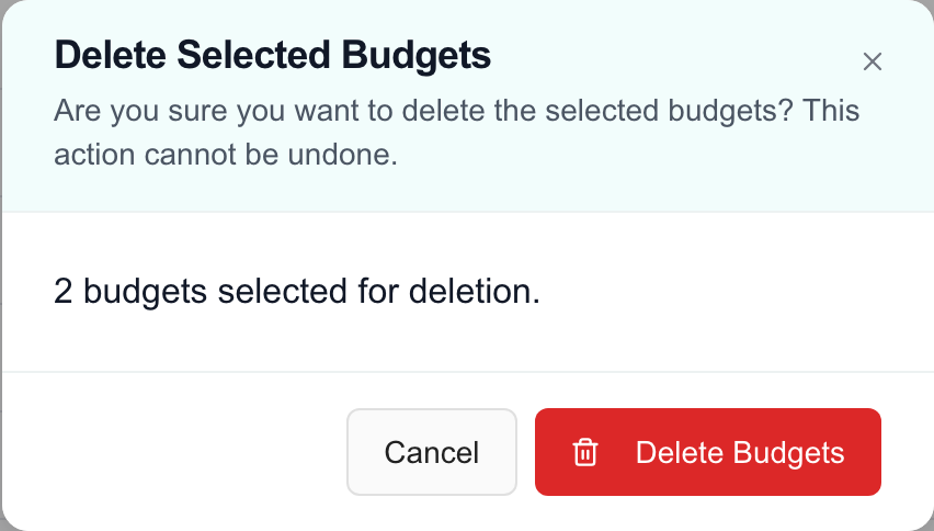 Delete Selected Budgets confirmation showing two selected budgets, Cancel and Delete Budgets.
