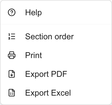 Budget header menu offering Help, Section order, Print, Export PDF and Export Excel.
